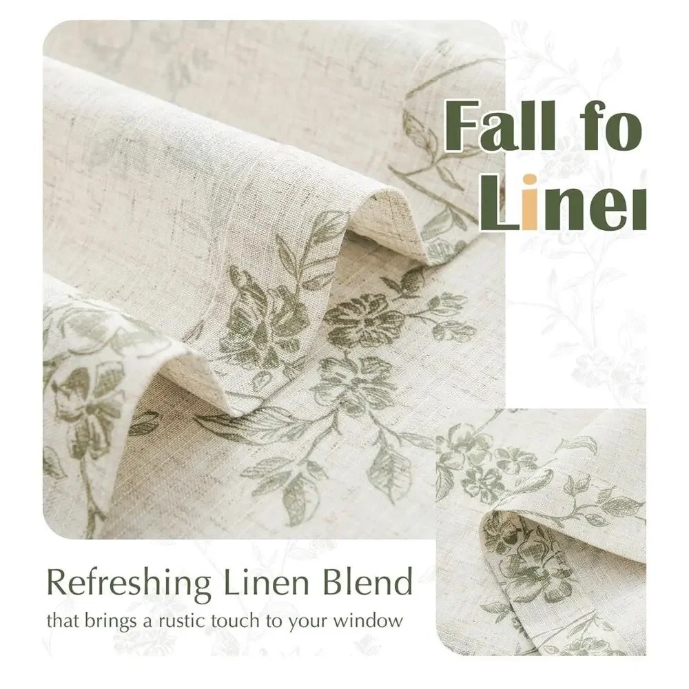 Floral Kitchen Curtains 30 Inch Linen Tier Curtains Farmhouse Cafe Green 2 Panel
